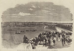 La revisión naval, el yate de la Reina pasando por Fort Monckton